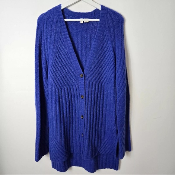Athropologie Moth Size L Blue Ribbed Knit Long Sweater Cardigan Oversized - Picture 2 of 8